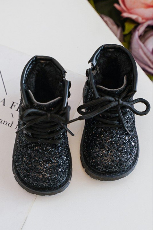 Children's Glittery Lined Boots with Zipper Black Saussa