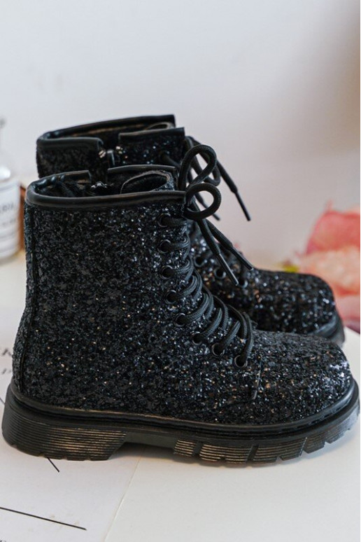 Children's Glittery Lined Boots with Zipper Black Saussa