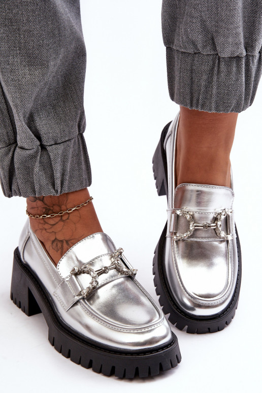Women's Leather Half-Boots On Massive Heel Silver Lemmitty