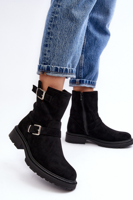 Women's Flat Heel Boots with Buckles Black Bliggore Women's Flat Heel Boots with Buckles Black Bliggore