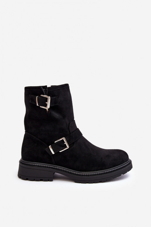 Women's Flat Heel Boots with Buckles Black Bliggore Women's Flat Heel Boots with Buckles Black Bliggore
