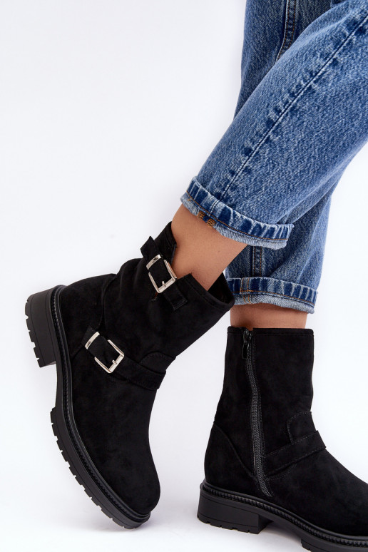 Women's Flat Heel Boots with Buckles Black Bliggore Women's Flat Heel Boots with Buckles Black Bliggore