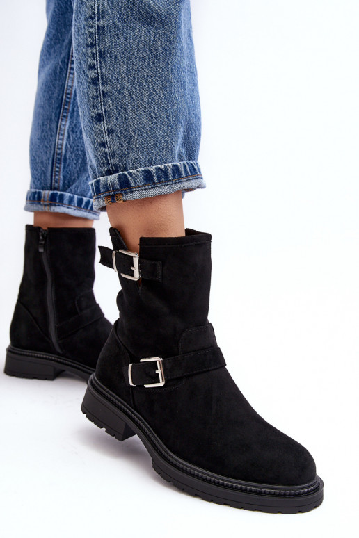Women's Flat Heel Boots with Buckles Black Bliggore Women's Flat Heel Boots with Buckles Black Bliggore