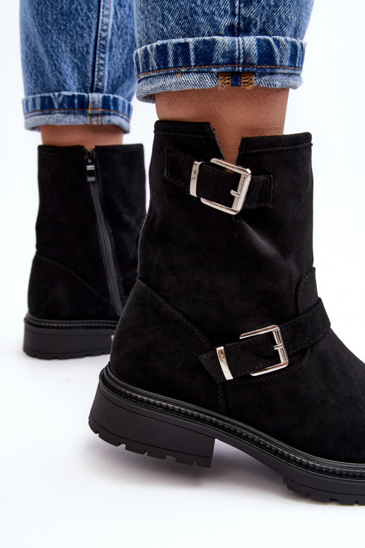 Women's Flat Heel Boots with Buckles Black Bliggore Women's Flat Heel Boots with Buckles Black Bliggore