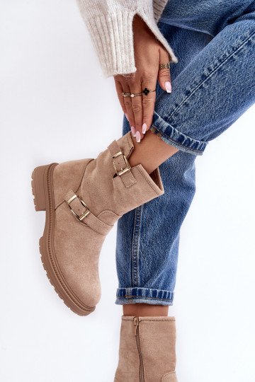 Women's Flat Heel Boots with Buckles Beige Bliggore 2