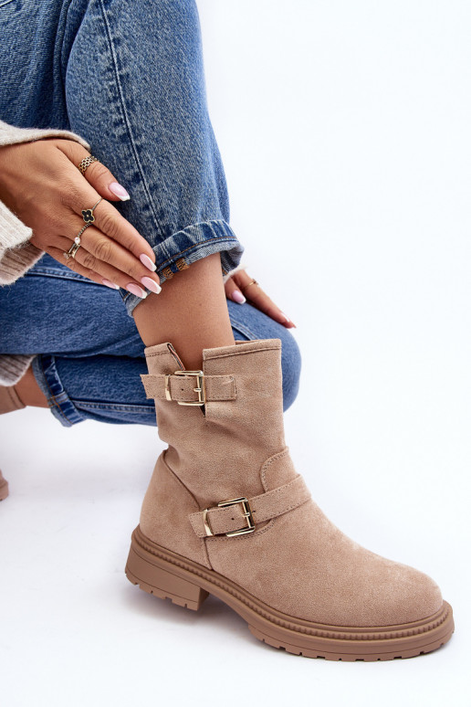 Women's Flat Heel Boots with Buckles Beige Bliggore Women's Flat Heel Boots with Buckles Beige Bliggore