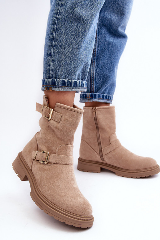 Women's Flat Heel Boots with Buckles Beige Bliggore Women's Flat Heel Boots with Buckles Beige Bliggore