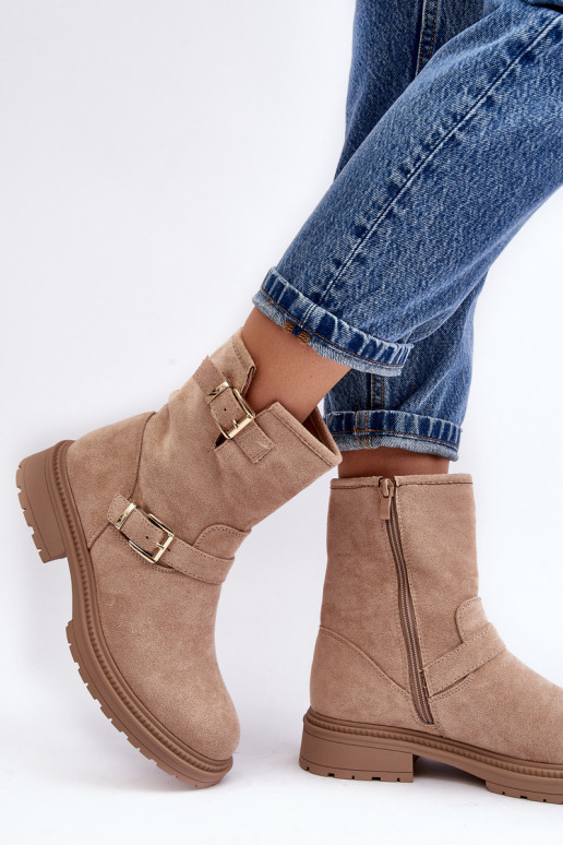 Women's Flat Heel Boots with Buckles Beige Bliggore Women's Flat Heel Boots with Buckles Beige Bliggore