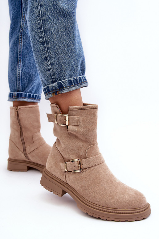 Women's Flat Heel Boots with Buckles Beige Bliggore Women's Flat Heel Boots with Buckles Beige Bliggore