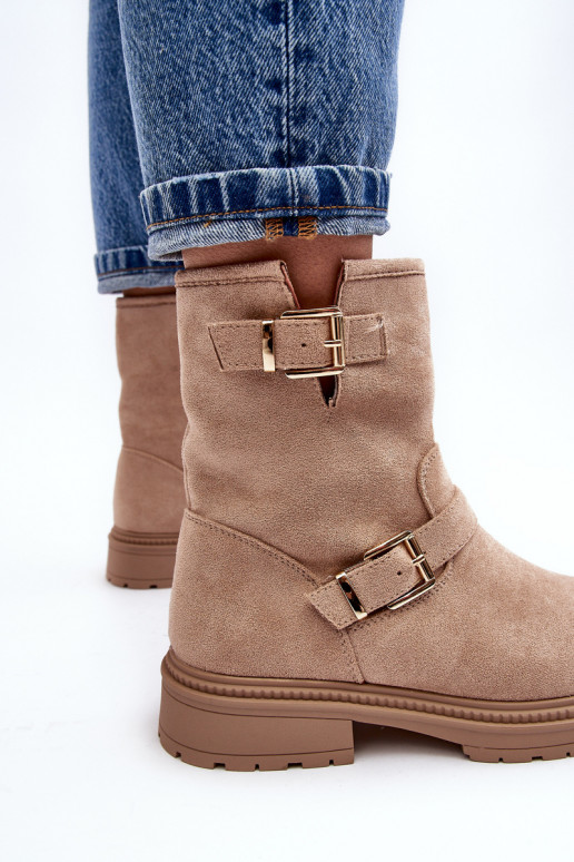 Women's Flat Heel Boots with Buckles Beige Bliggore Women's Flat Heel Boots with Buckles Beige Bliggore