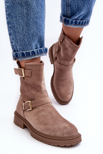 Women's Flat Heel Boots with Buckles Dark Beige Bliggore 2