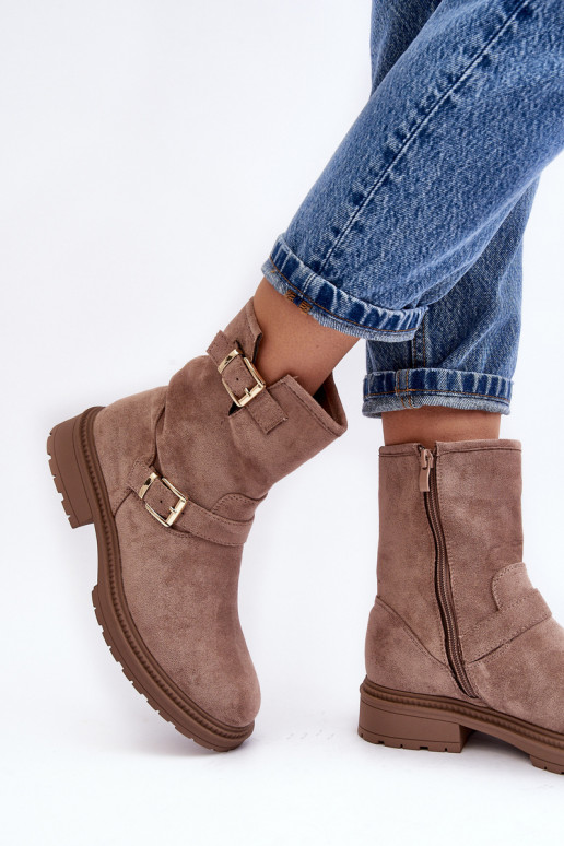 Women's Flat Heel Boots with Buckles Dark Beige Bliggore