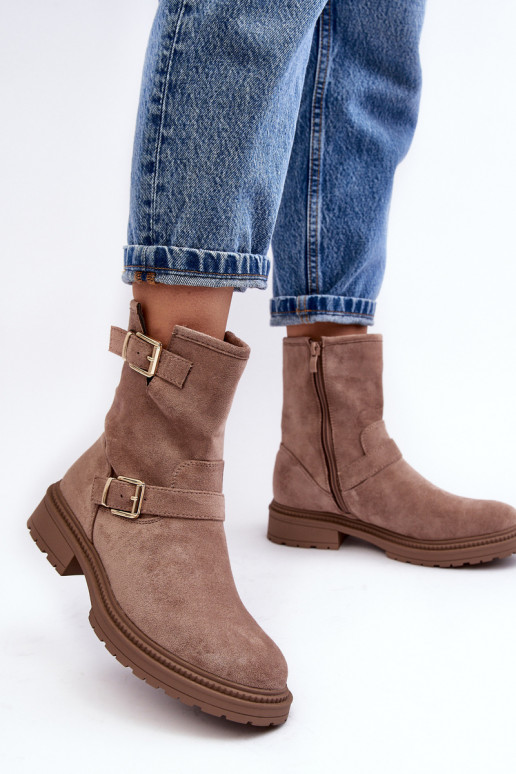 Women's Flat Heel Boots with Buckles Dark Beige Bliggore