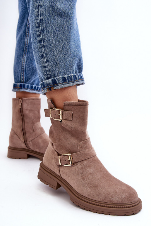 Women's Flat Heel Boots with Buckles Dark Beige Bliggore