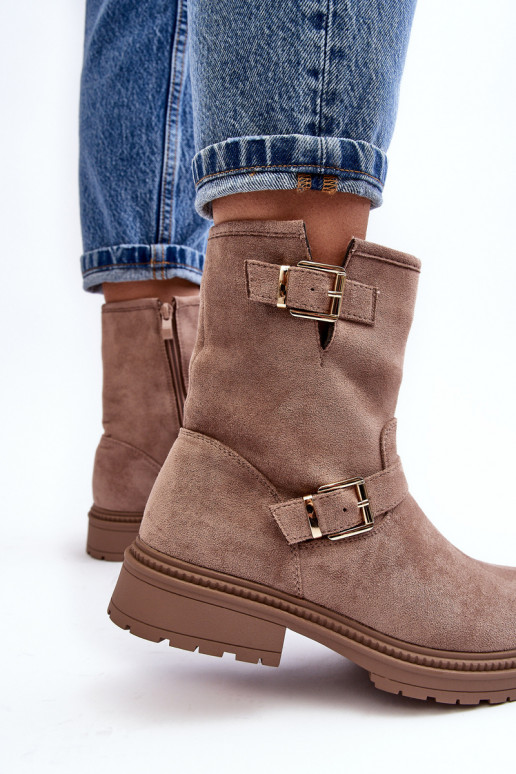 Women's Flat Heel Boots with Buckles Dark Beige Bliggore