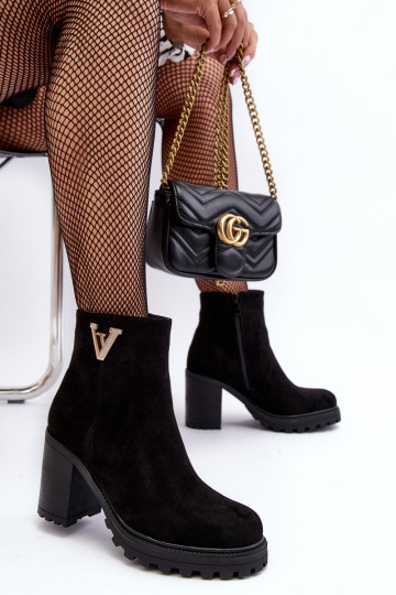 Women's Suede Boots On Heel With Decoration Black Strong 2