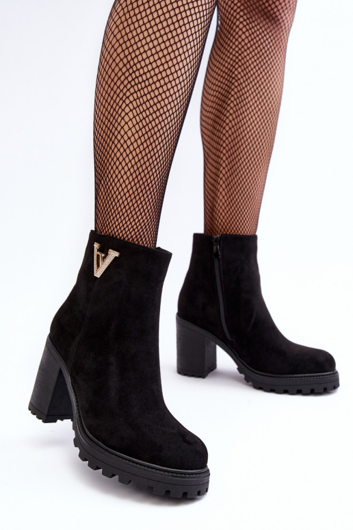 Women's Suede Boots On Heel With Decoration Black Strong Women's Suede Boots On Heel With Decoration Black Strong