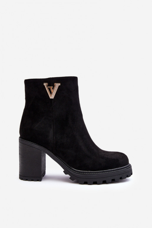 Women's Suede Boots On Heel With Decoration Black Strong Women's Suede Boots On Heel With Decoration Black Strong