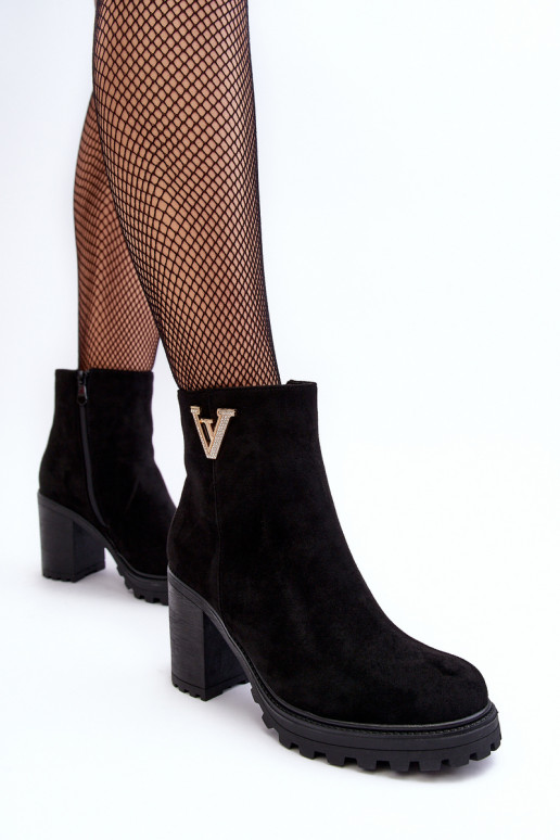 Women's Suede Boots On Heel With Decoration Black Strong Women's Suede Boots On Heel With Decoration Black Strong