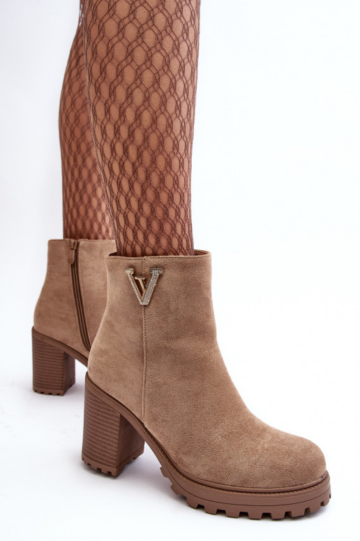 Women's Suede Boots On Heel With Decoration Beige Strong Women's Suede Boots On Heel With Decoration Beige Strong