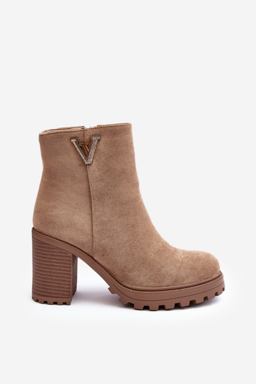 Women's Suede Boots On Heel With Decoration Beige Strong Women's Suede Boots On Heel With Decoration Beige Strong