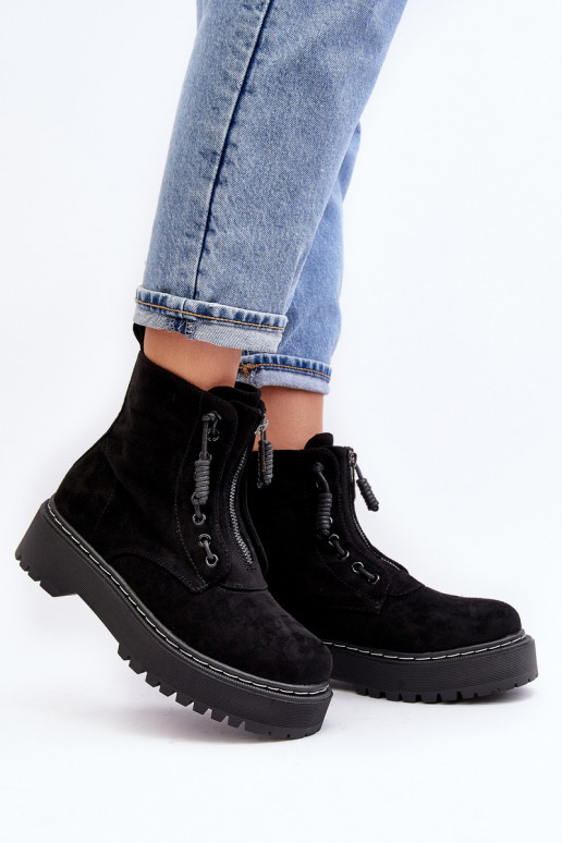 Women's Suede Trapper Boots with Thick Sole and Zipper Black Edivame Women's Suede Trapper Boots with Thick Sole and Zipper Black Edivame