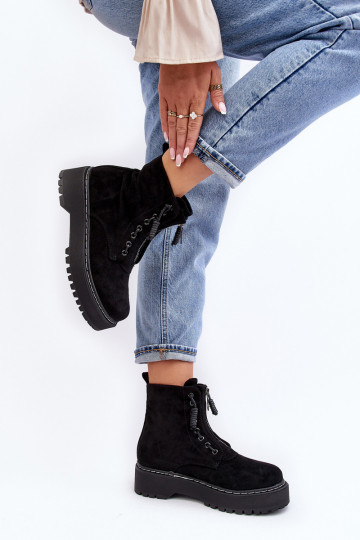 Women's Suede Trapper Boots with Thick Sole and Zipper Black Edivame 2