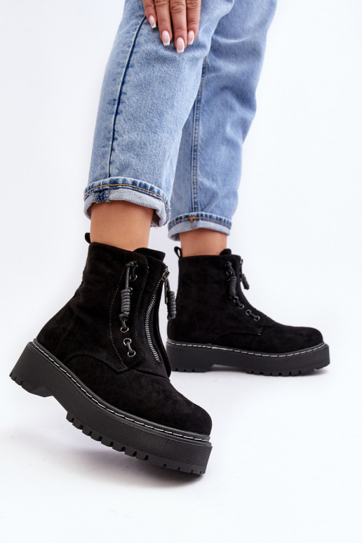 Women's Suede Trapper Boots with Thick Sole and Zipper Black Edivame Women's Suede Trapper Boots with Thick Sole and Zipper Black Edivame