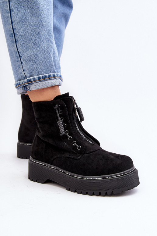 Women's Suede Trapper Boots with Thick Sole and Zipper Black Edivame Women's Suede Trapper Boots with Thick Sole and Zipper Black Edivame