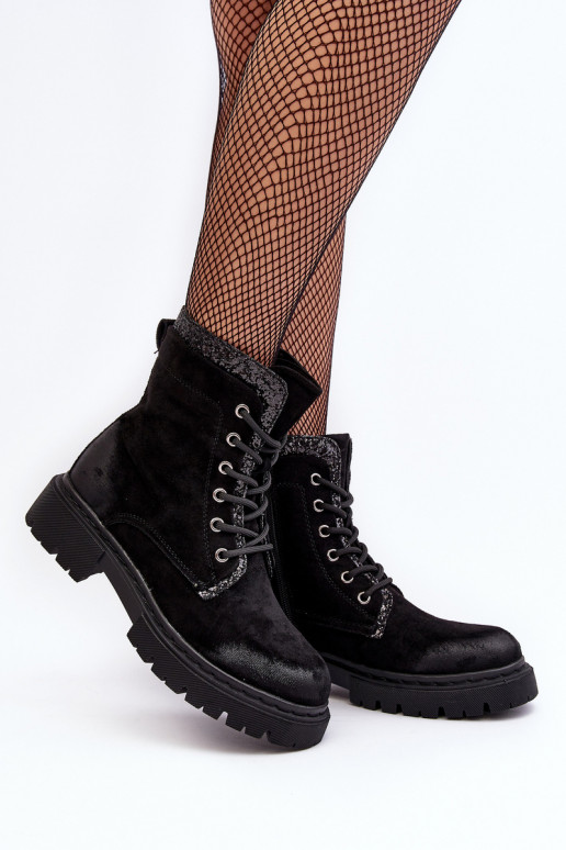 Women's Decorated Lace-up Ankle Boots Black Santelia Women's Decorated Lace-up Ankle Boots Black Santelia