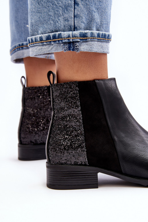 Women's Ankle Boots Flat Heel With Sequins Black Messio Women's Ankle Boots Flat Heel With Sequins Black Messio