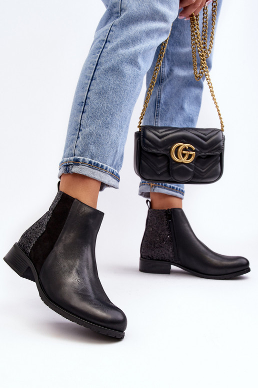 Women's Ankle Boots Flat Heel With Sequins Black Messio Women's Ankle Boots Flat Heel With Sequins Black Messio