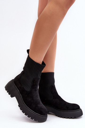Women's Suede Boots with Sock on Platform and Flat Heel Black Rewam 2
