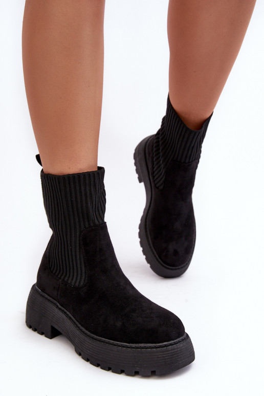 Women's Suede Boots with Sock on Platform and Flat Heel Black Rewam