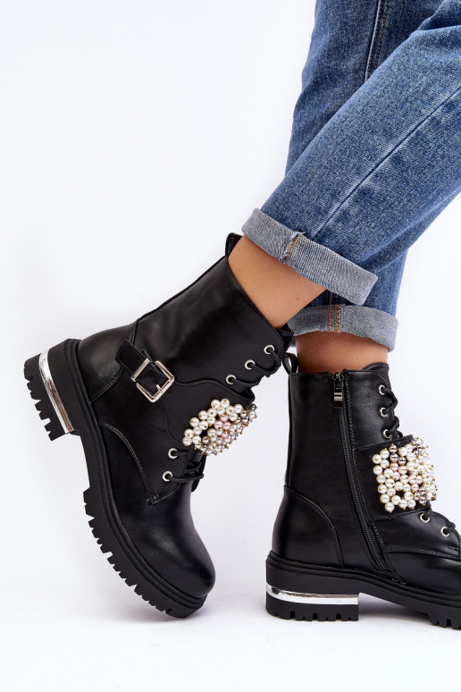 Lined Women's Work Boots Decorated Black Venizi