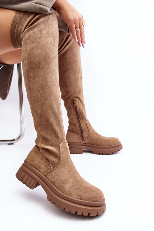 Women's Over-the-Knee Flat Heel Boots Beige Silune Women's Over-the-Knee Flat Heel Boots Beige Silune