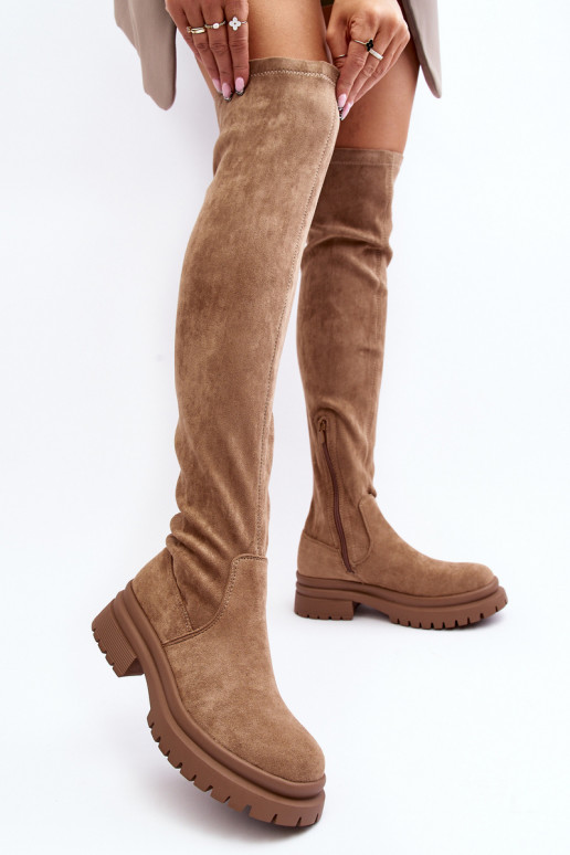 Women's Over-the-Knee Flat Heel Boots Beige Silune Women's Over-the-Knee Flat Heel Boots Beige Silune