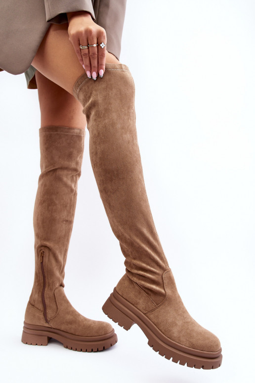 Women's Over-the-Knee Flat Heel Boots Beige Silune Women's Over-the-Knee Flat Heel Boots Beige Silune