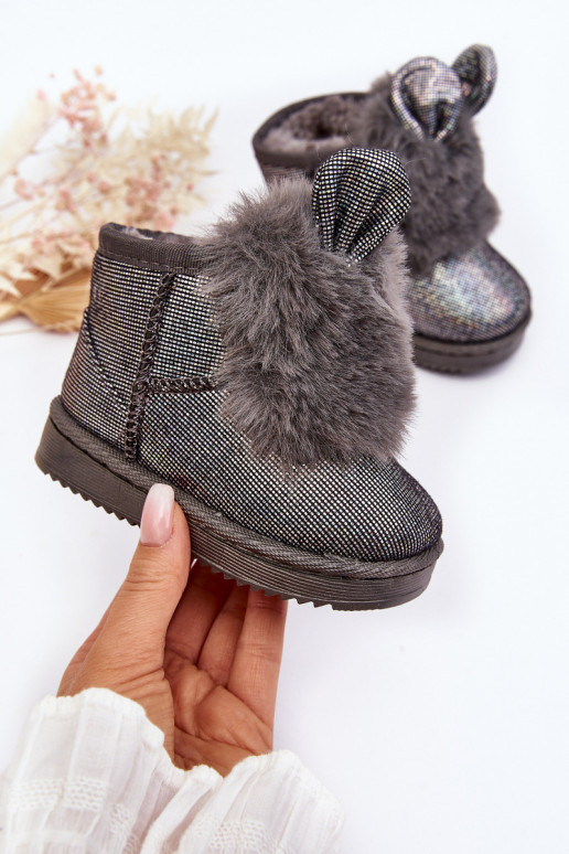 Children's snow boots warmed with fur inside with ears, gray color Betty