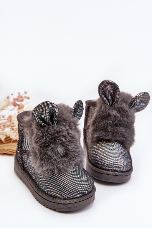 Children's snow boots warmed with fur inside with ears, gray color Betty