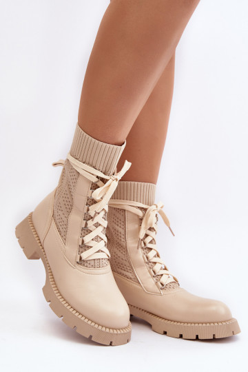 Women's lace-up ankle boots with sock in light beige Gentiana 2