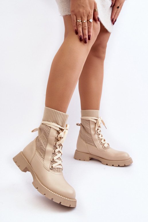 Women's lace-up ankle boots with sock in light beige Gentiana Women's lace-up ankle boots with sock in light beige Gentiana