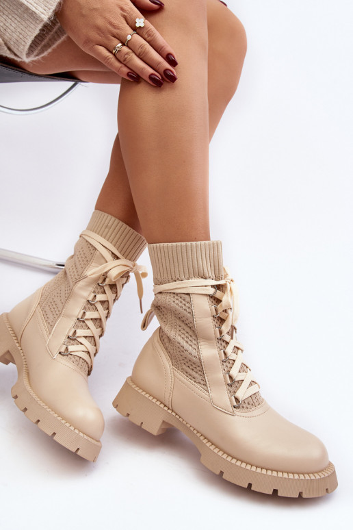 Women's lace-up ankle boots with sock in light beige Gentiana Women's lace-up ankle boots with sock in light beige Gentiana