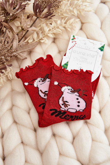 Shiny Christmas socks with snowmen in red 2