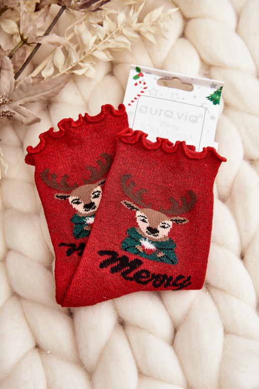 Shiny Christmas stockings with deer in red color