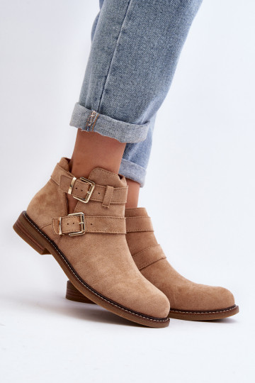 Women's Flat Heel Ankle Boots with Straps Beige Melviana 2