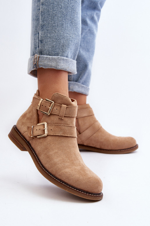 Women's Flat Heel Ankle Boots with Straps Beige Melviana