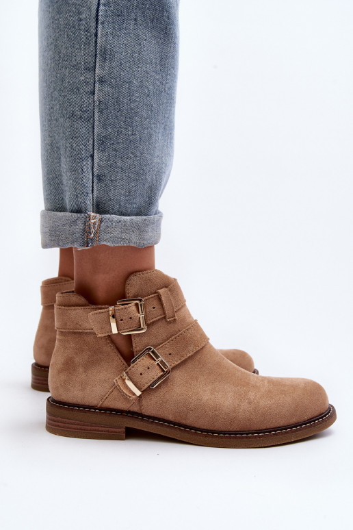 Women's Flat Heel Ankle Boots with Straps Beige Melviana