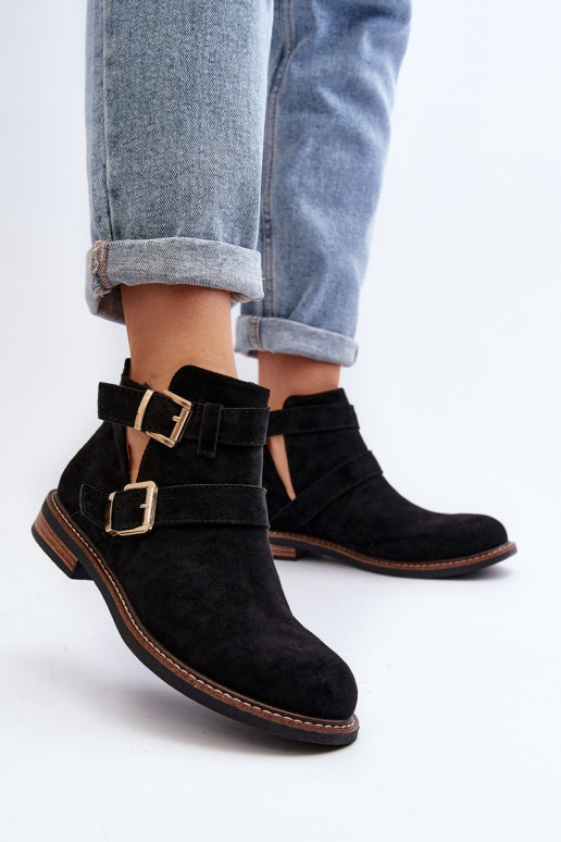 Women's Flat Heel Ankle Boots with Straps Black Melviana