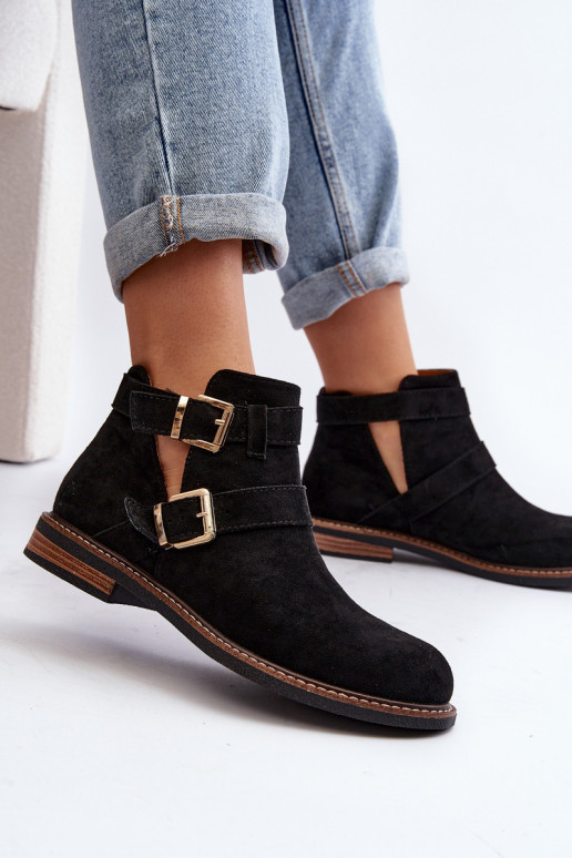 Women's Flat Heel Ankle Boots with Straps Black Melviana